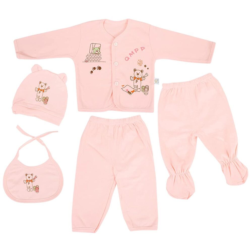 Starvis New Born Baby Summer Suit Clothes, 0-6 Month, Baby Pink, Set of 5