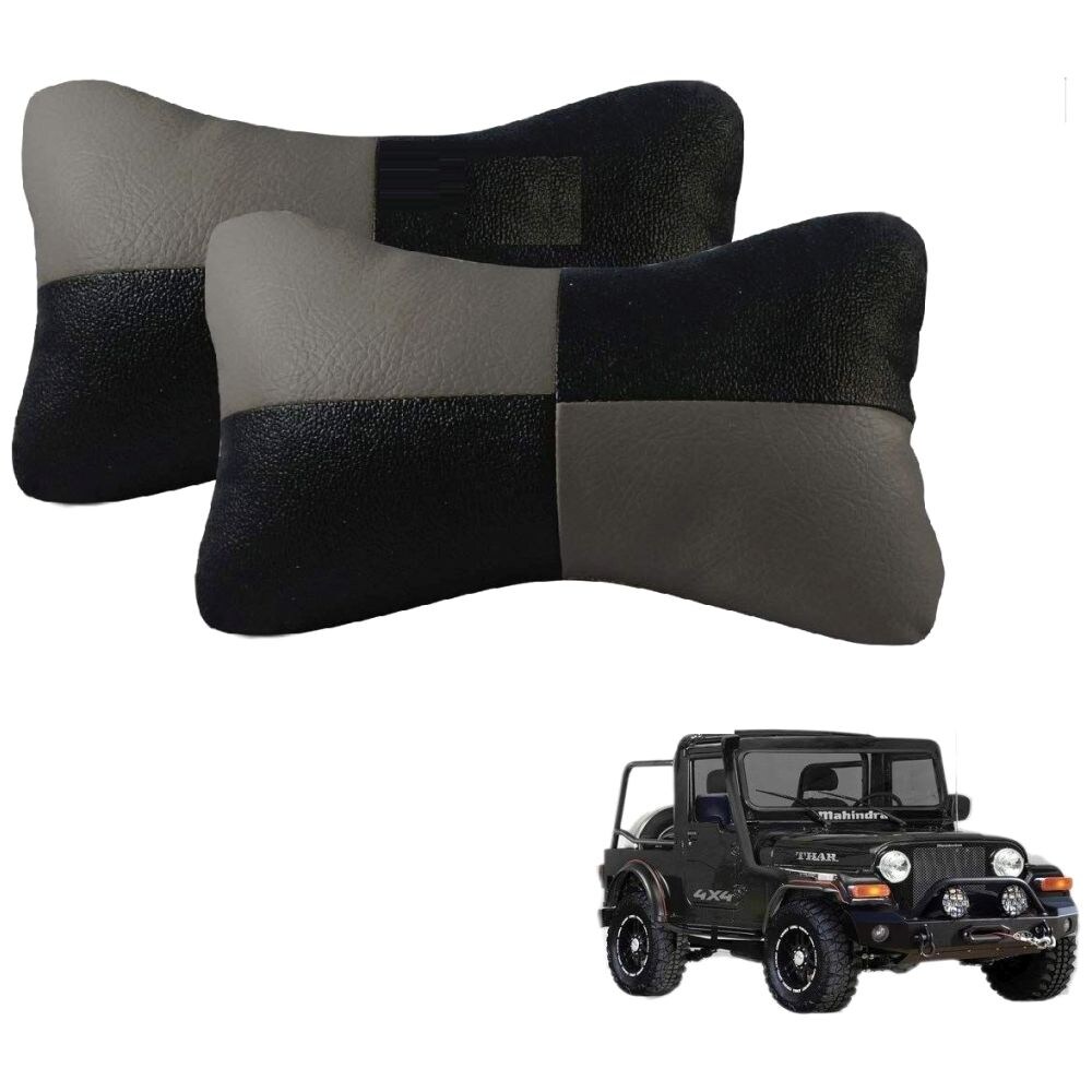 Kozdiko Neck Rest Leatherite Cushion for Mahindra Thar, KZDO393036, Black & Grey, Set of 2
