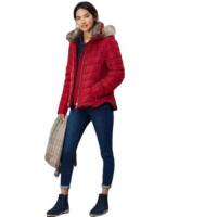 Picture of Hybella Women's Quilted Puffer Jacket with Hood and Fur, Red, M, Carton of 20pcs