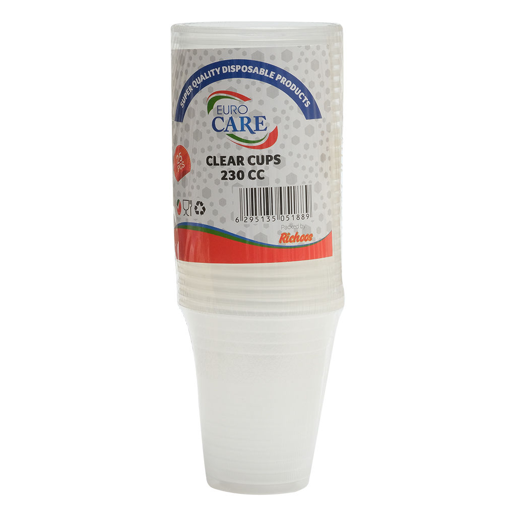 Disposable 25 Pcs Clear Cups Pack, 230CC - Carton of 40 Packs