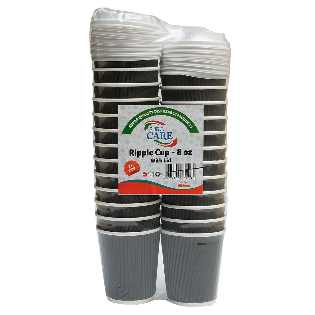 Disposable 25 Pcs Ripple Cups with Lid Pack, 8oz - Carton of 20 Packs