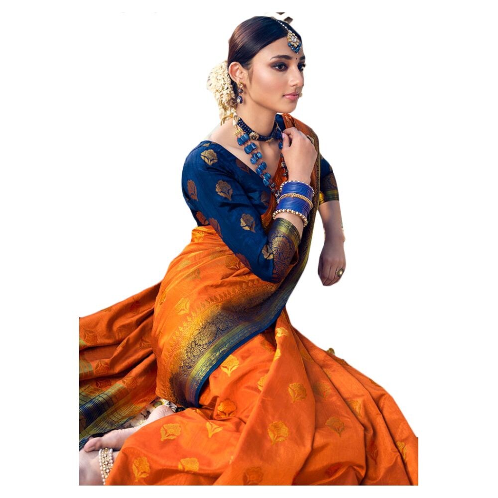 Pink Lotus Creation Spun Silk Woven Saree With Blouse, ISKA102541, Orange &  Deep Blue