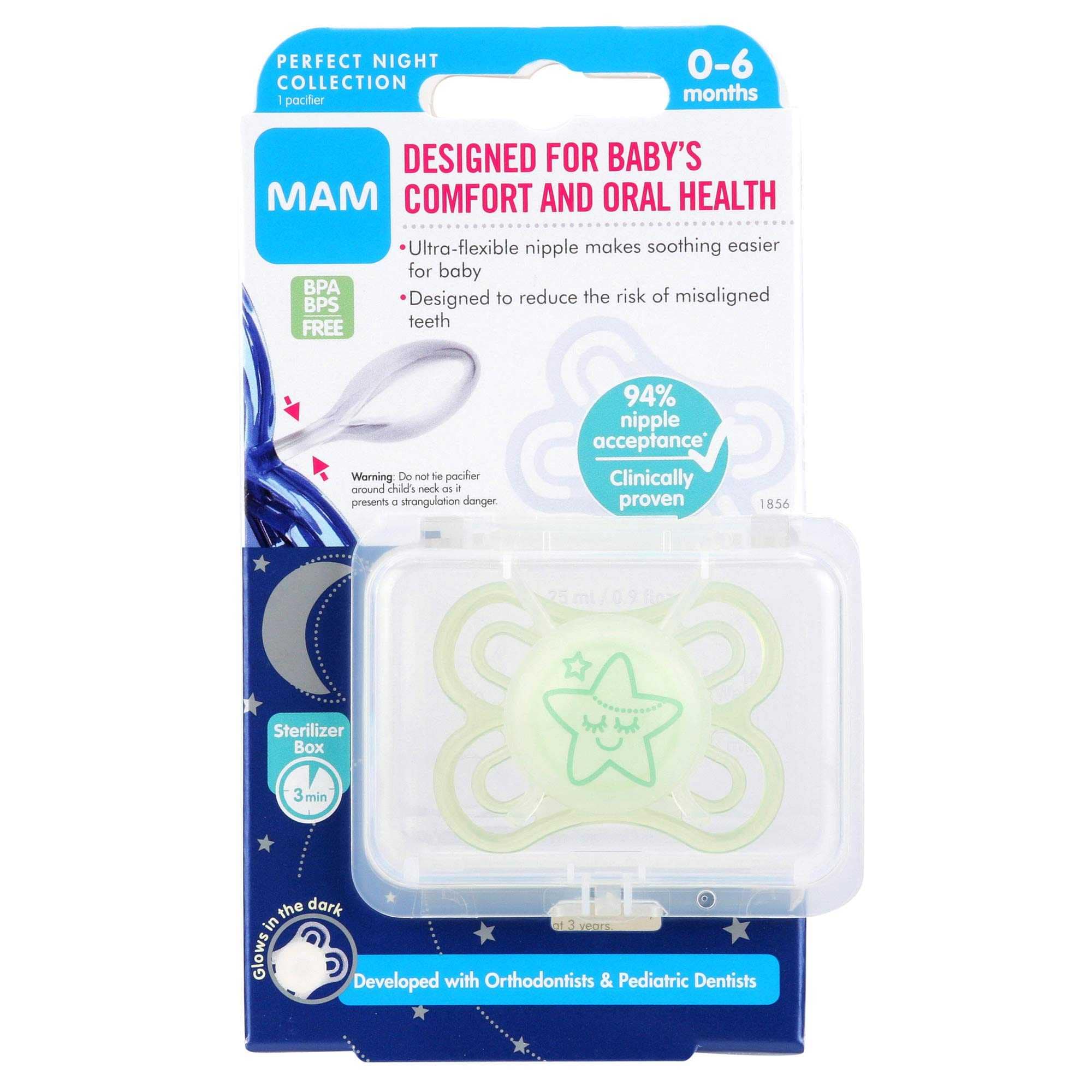 MAM Perfect Night Baby Pacifier, Patented Nipple, Glows in the Dark, 2  Pack, 16+ Months, Blue/Boy,2 Count (Pack of 1)
