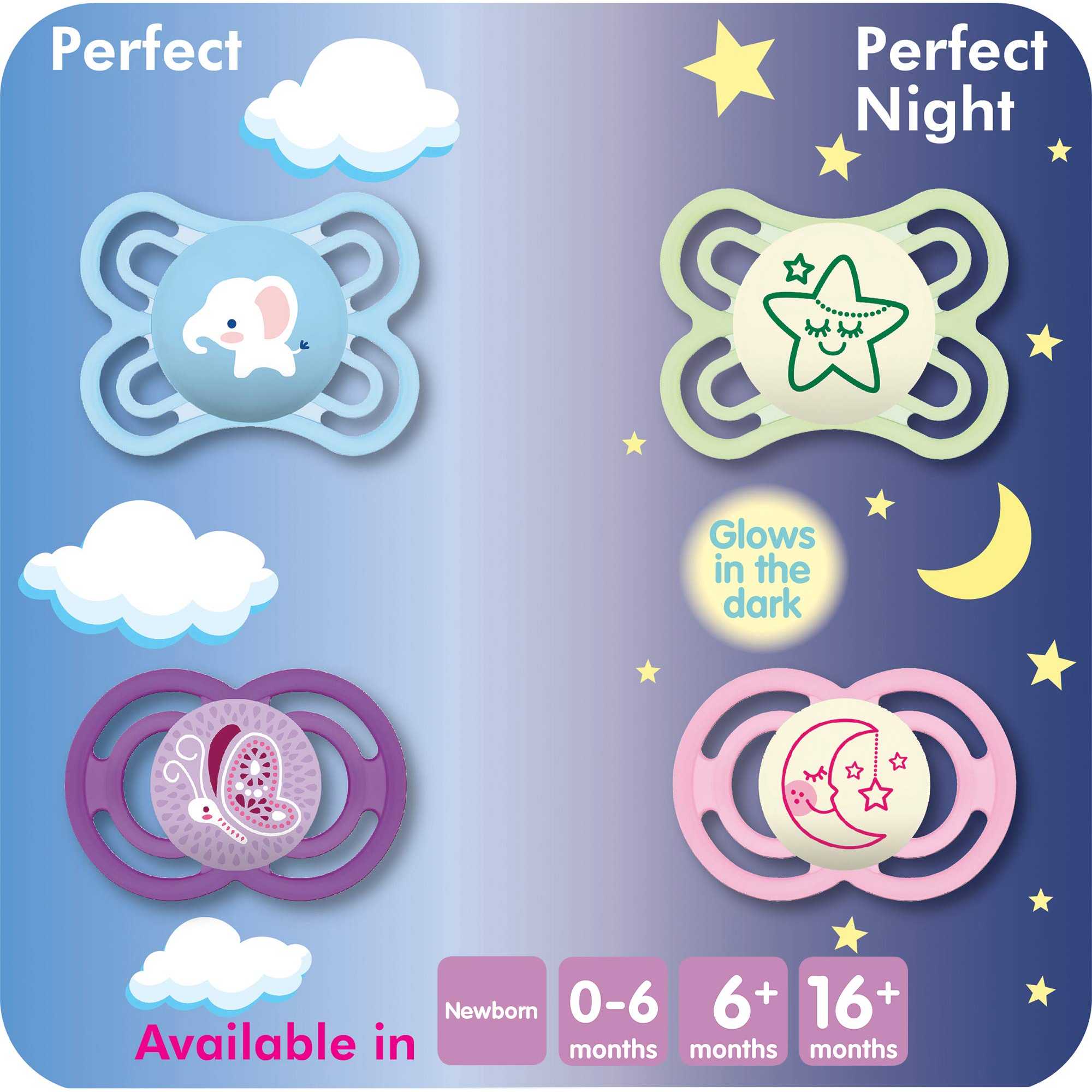 MAM Perfect Night Baby Pacifier, Patented Nipple, Glows in the Dark, 2  Pack, 16+ Months, Blue/Boy,2 Count (Pack of 1) Boy 16+ Month