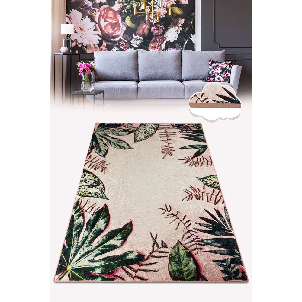 Picture of Ant Decor Green Leaf Patterned Non Slip Area Rug