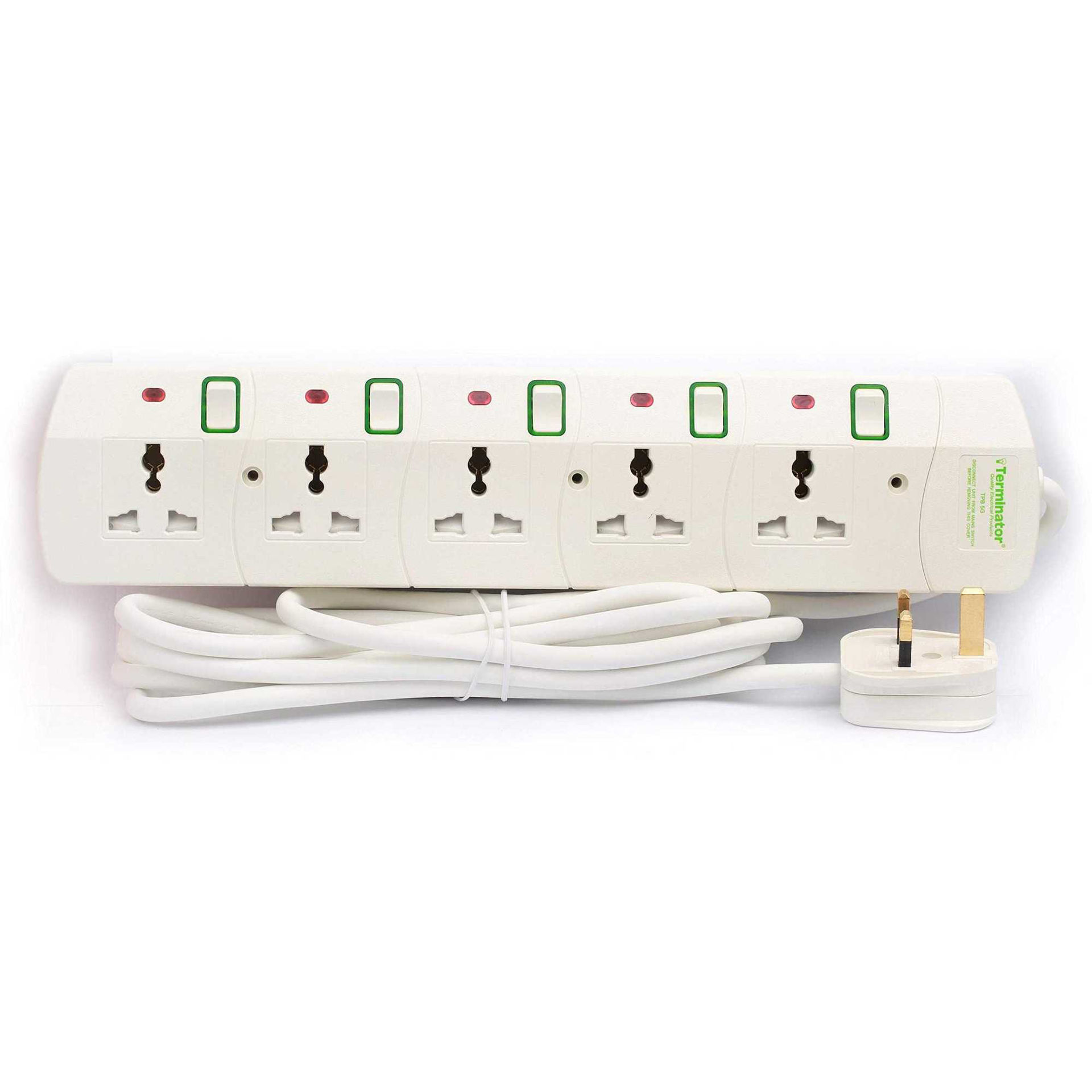 Picture of Terminator 5 Way Universal Power Extension Socket, 13A, White, TPB 5G