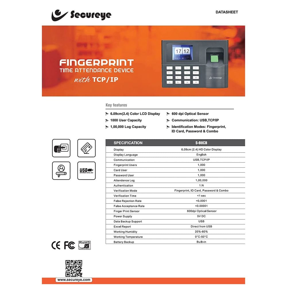 Buy Online Secureye Time And Attendance Biometric Device, S-B8CB In UAE ...