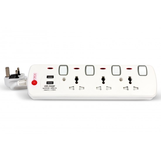 AFRA Japan 3 Way Universal Extension Cord, 2 USB Ports, 250V, 3m, White