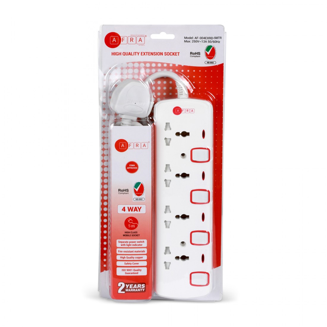 AFRA Japan 4 Way Universal Extension Cord, 5m, 250V, White