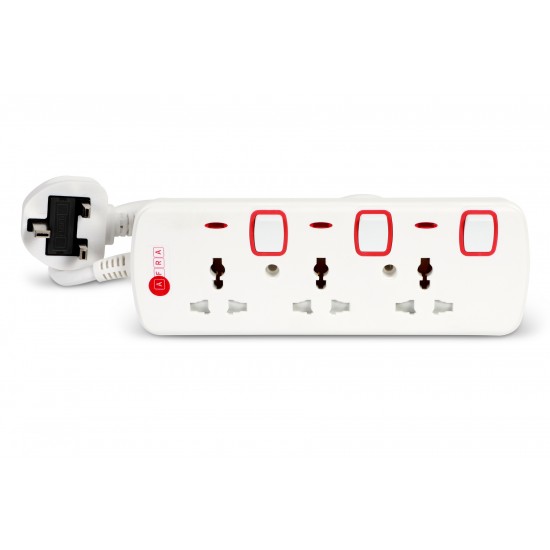 AFRA Japan 3 Way Universal Extension Cord, 250V, 3m, White